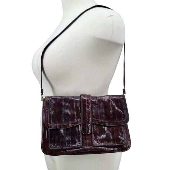 Vintage Eel Skin Leather Shoulder Bag Dark Brown with Red Undertones - Picture 1 of 16